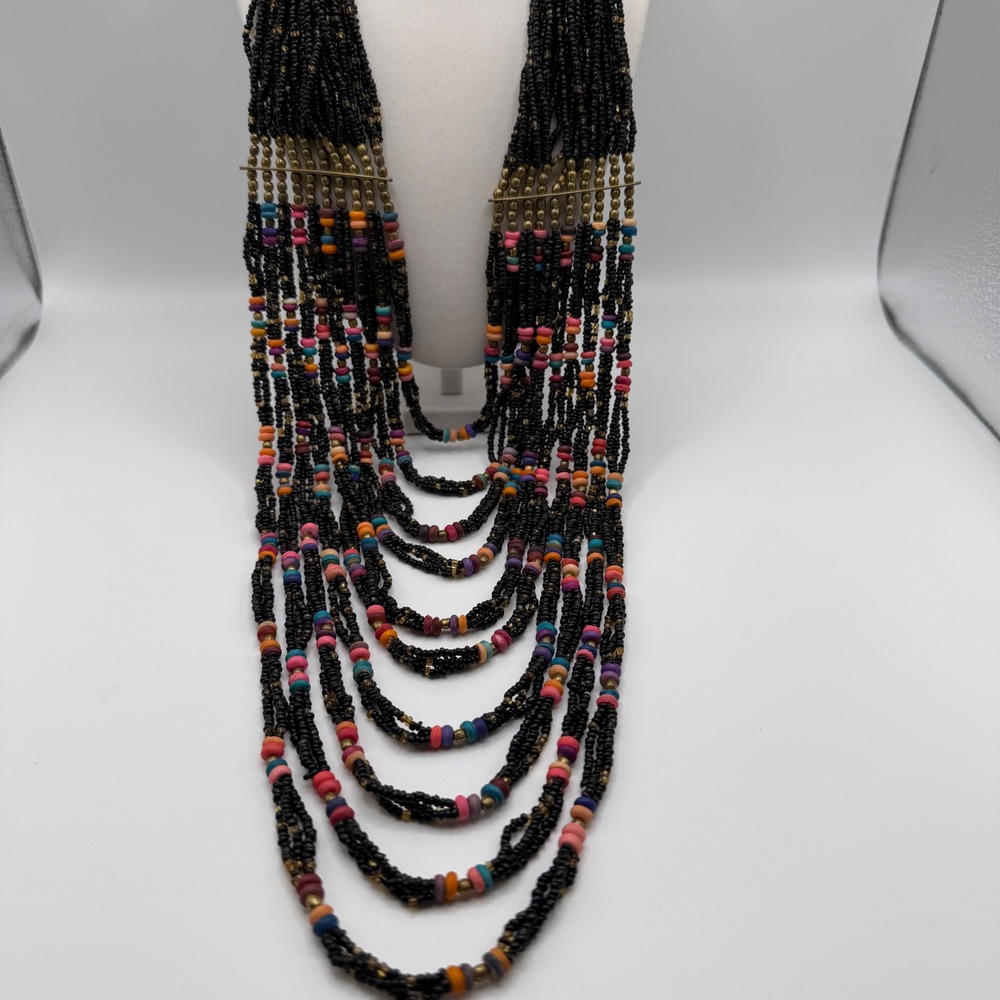 Multi Strand Beaded Bib Statement Necklace Black Colorful Seed‎ Bead